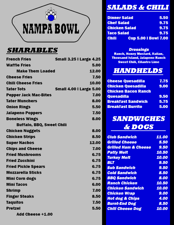 Nampa Bowl Cafe Menu - Page 1